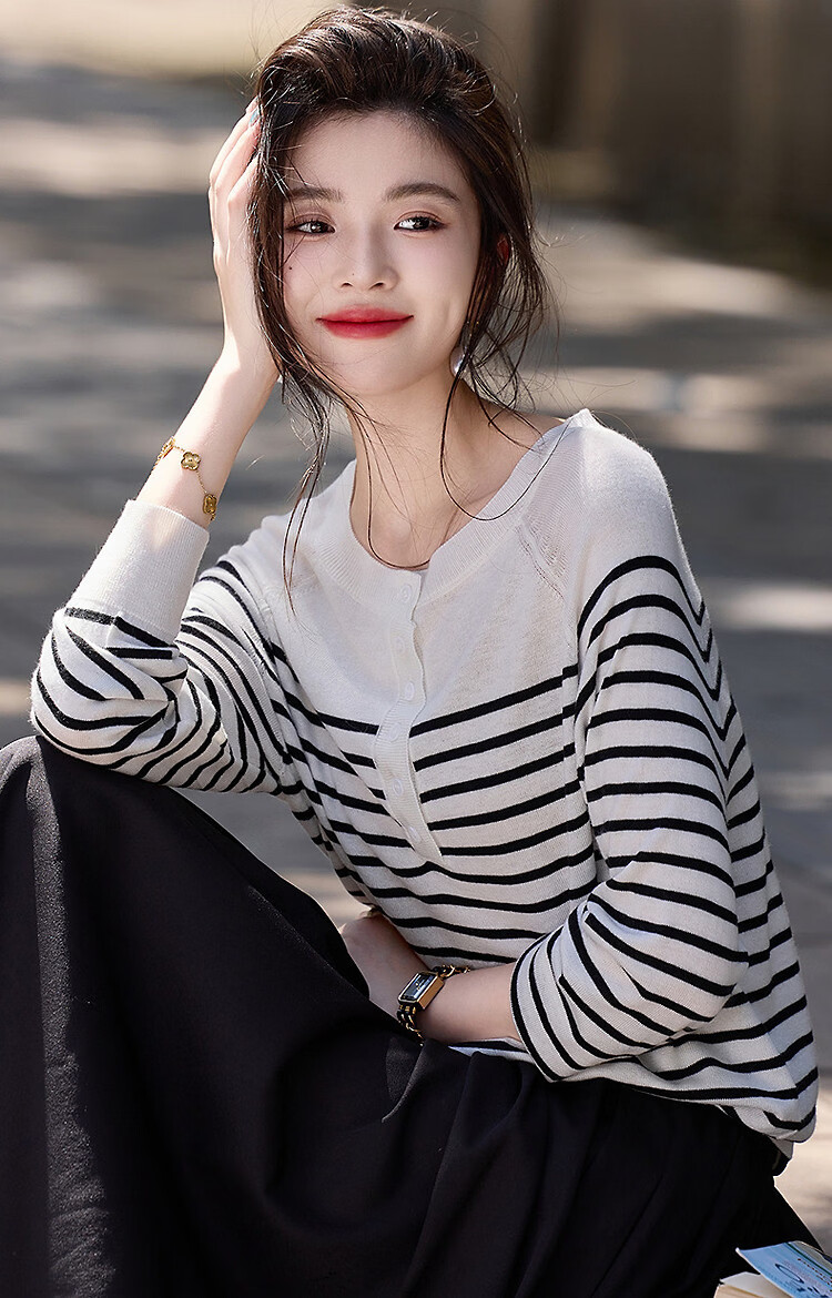 Demana Japanese Style Artistic Commuter Spring Autumn Colorblock Striped Round Neck Slimming Knit Sweater 30