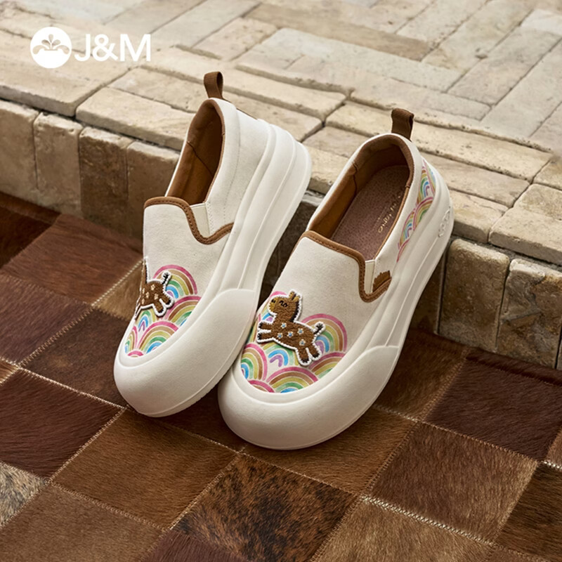 J&M Women's Loafers Thick Sole Height Increasing Slip-On Casual Platform Canvas Shoes Off-White Size 35