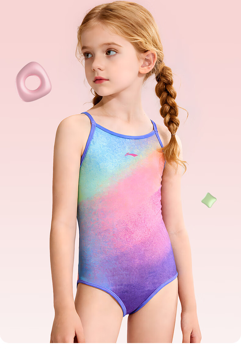 LI-NING Youth Girls Comfortable Sports One-Piece Triangle Professional Training Swimsuit 0421 Colorful 140 6