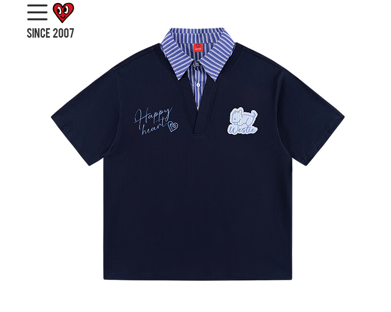 Charles Heart Contrast Collar Couple Pure Cotton Short Sleeve Polo Shirt with Playful Puppy Print Unisex Off-White XS 5