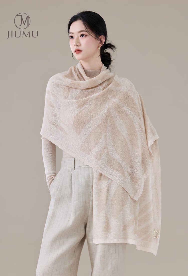 JIUMU 100% Merino Wool Lightweight Four-Season Shawl Women's Elegant Summer Air-Conditioned Room Warm Scarf 1