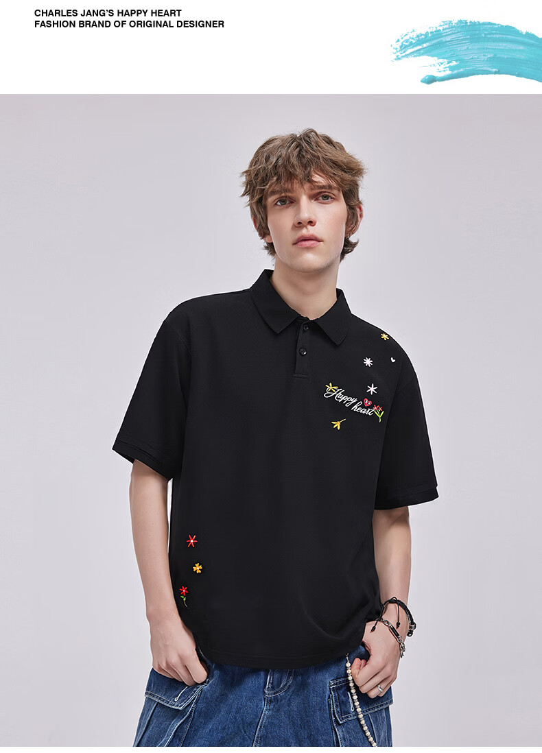 Charles Heart Trendy Floral Love Embroidery Couple Pure Cotton Short Sleeve Polo Shirt Casual Unisex Black XS 6