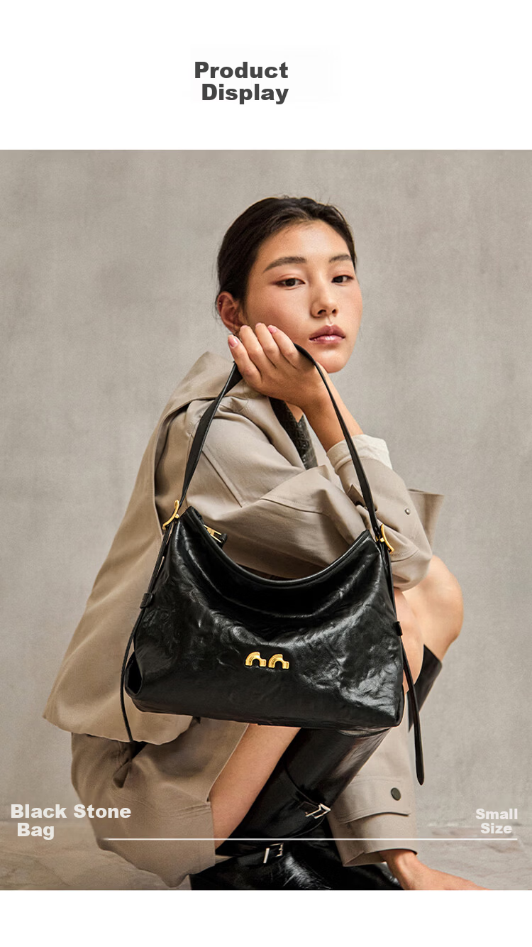 Nalandu [Dong Xuan Same Style] Black Stone Hobo Bag New Cowhide Underarm Shoulder Bag Birthday 38 Goddess Festival Gift 12