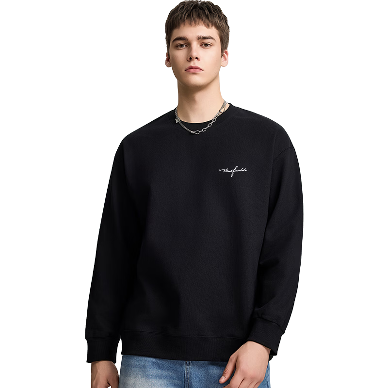 Mark Fairwhale Fleece-Lined Crewneck Sweatshirt Men Autumn Winter 2026 New Loose Warm Long Sleeve Casual Top Black 2XL
