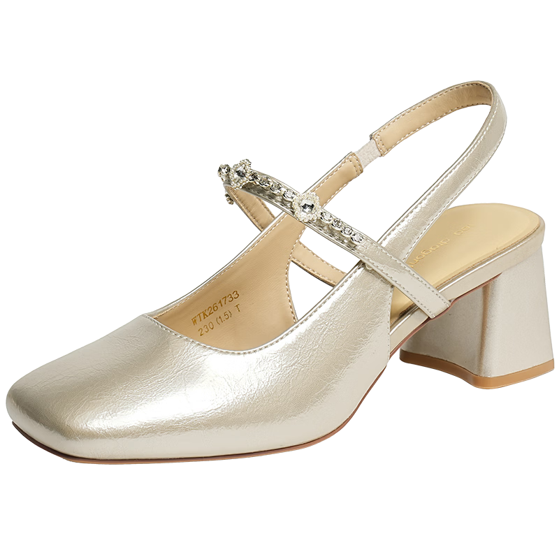 Red Dragonfly Mary Jane 26 Summer Women's Shoes French Square Toe Chunky Heel Hollow High Heel Sandals WTK26173 Gold Size 37