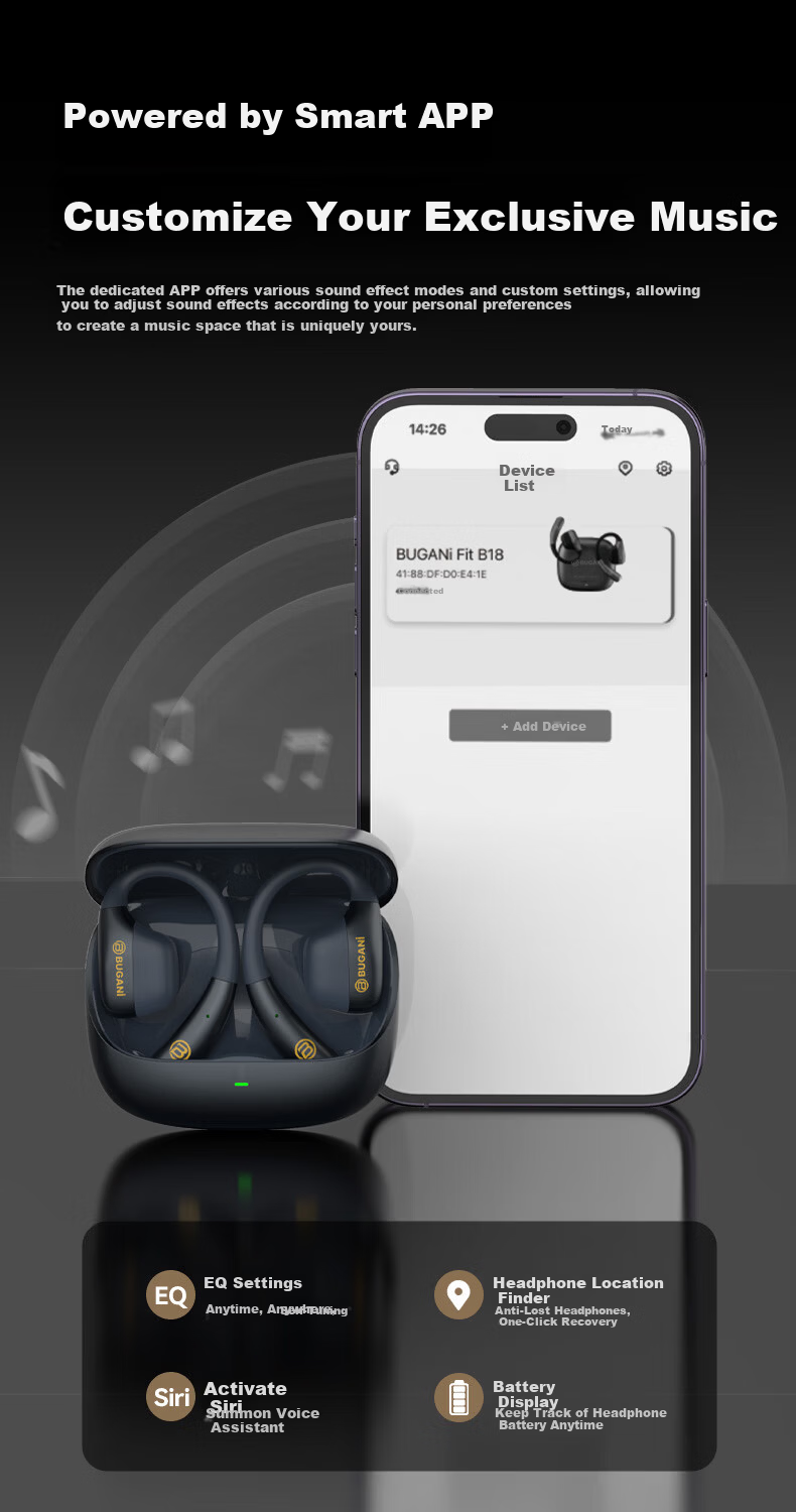 BUGANI Fit B18 Bluetooth Earphones Ear-Hook Open Wireless In-Ear AI Simultaneous Translation Sports Running Noise-Cancelling Ear Clips Comfortable Long Wear Black 4
