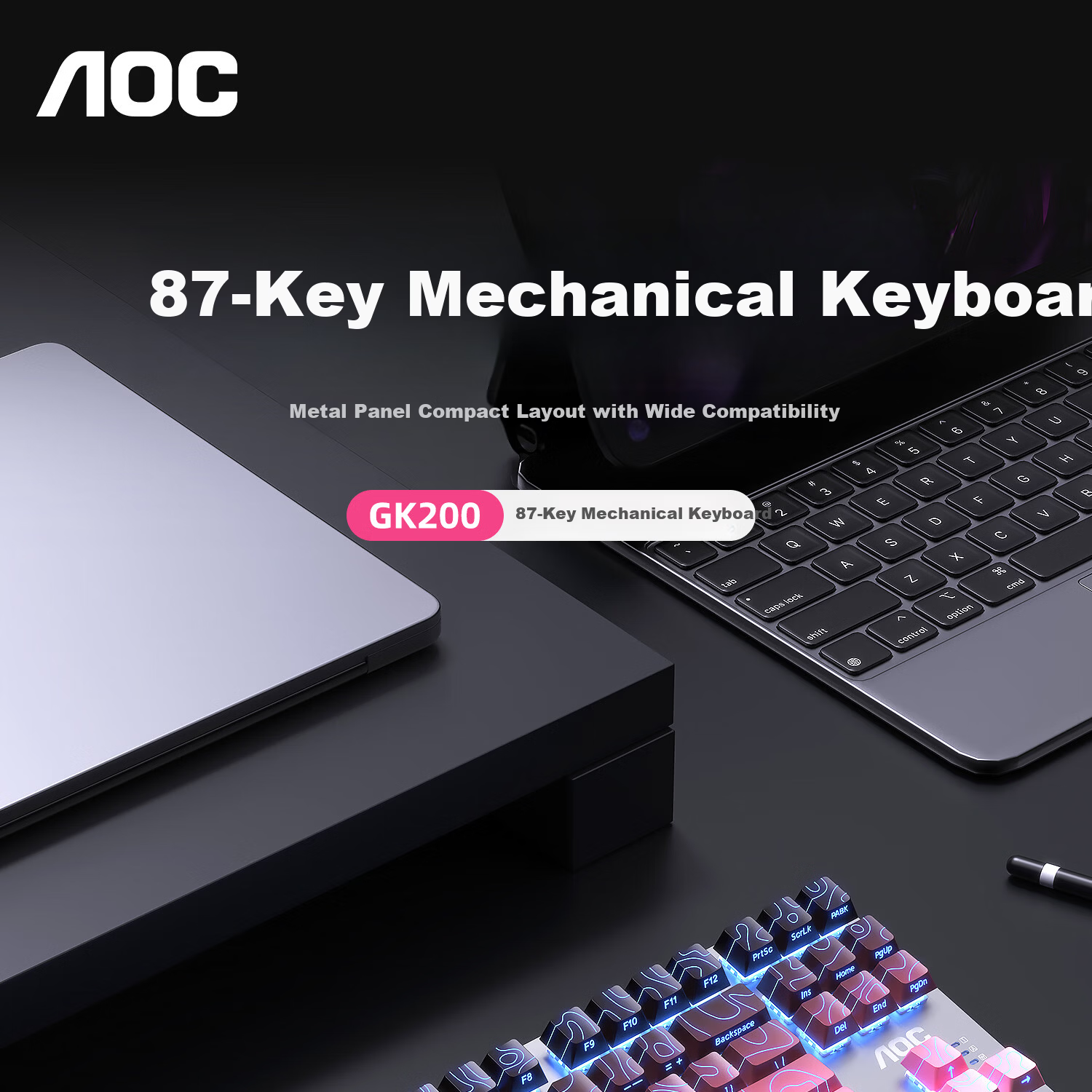 AOC GK200 Mechanical Keyboard Contour Side-Printed Wired Gaming Keyboard Hot-Swappable RGB Backlit 87-Key Anti-Ghosting Blackberry Pink Tea Switch 1