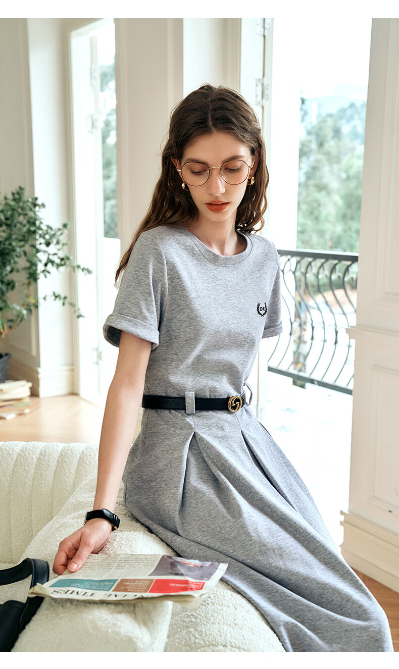 Olrain Eurie Knit Dress Women's Summer Commuter College Style Casual Waist Slimming Long Dress Light Gray S 11