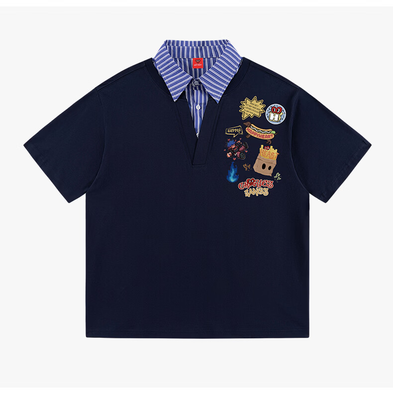 Charles Peach Heart Summer Fake Two-Piece Fun Badge Print Couple Pure Cotton Short Sleeve Polo Shirt Unisex Off-White XS 19