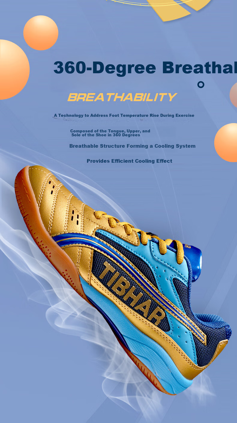 TIBHAR Professional Breathable Durable Table Tennis Shoes for Men and Women 01918 Blue Gold Size 37 7