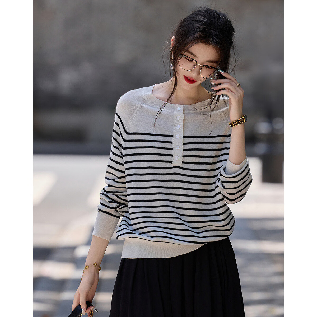 Demana Japanese Style Artistic Commuter Spring Autumn Colorblock Striped Round Neck Slimming Knit Sweater