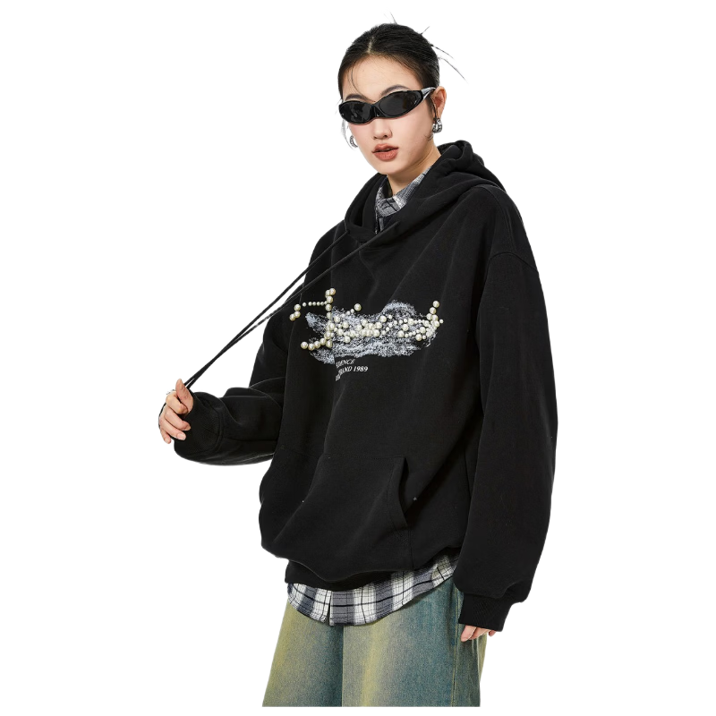 ICH MODE American Style Gray Hoodie Women 2026 Spring New Loose Casual Pullover Jacket Top Light Gray S