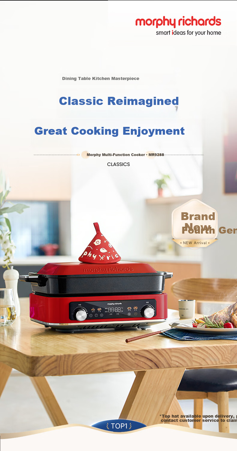 Morphyrichards Fourth Generation Multifunctional Pot, Home Use 6L Dual-Sided Electric Hot Pot, Valentine's Day Housewarming Gift, Steaming Cooking Frying All-In Electric Steamer MR9288 Red [Includes Dual-Sided Pot + Heat-Resistant Hat] 2