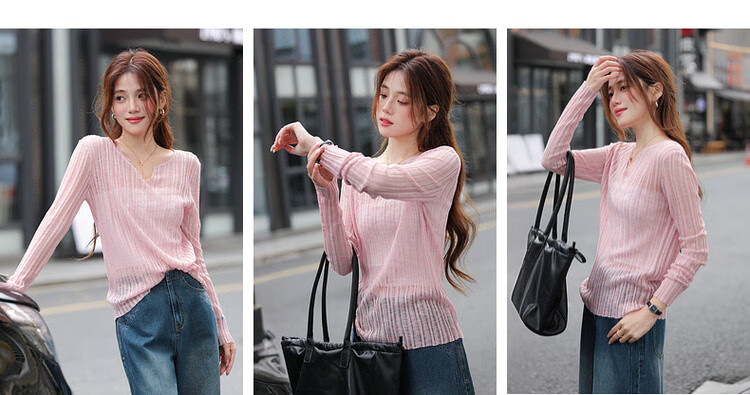 Mt [Oxygen-Permeable Texture] Spring Soft Low-Saturation V-Neck Lightweight Knit Top for Petite Women 6