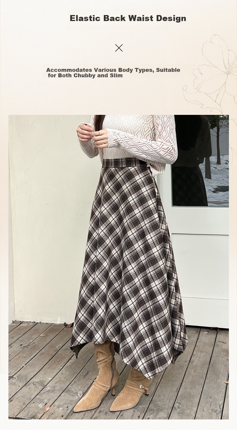 BOPRUIEY Vintage Plaid Irregular Women's Skirt 2025 New Autumn Winter A-Line Casual Mid-Length Skirt 4