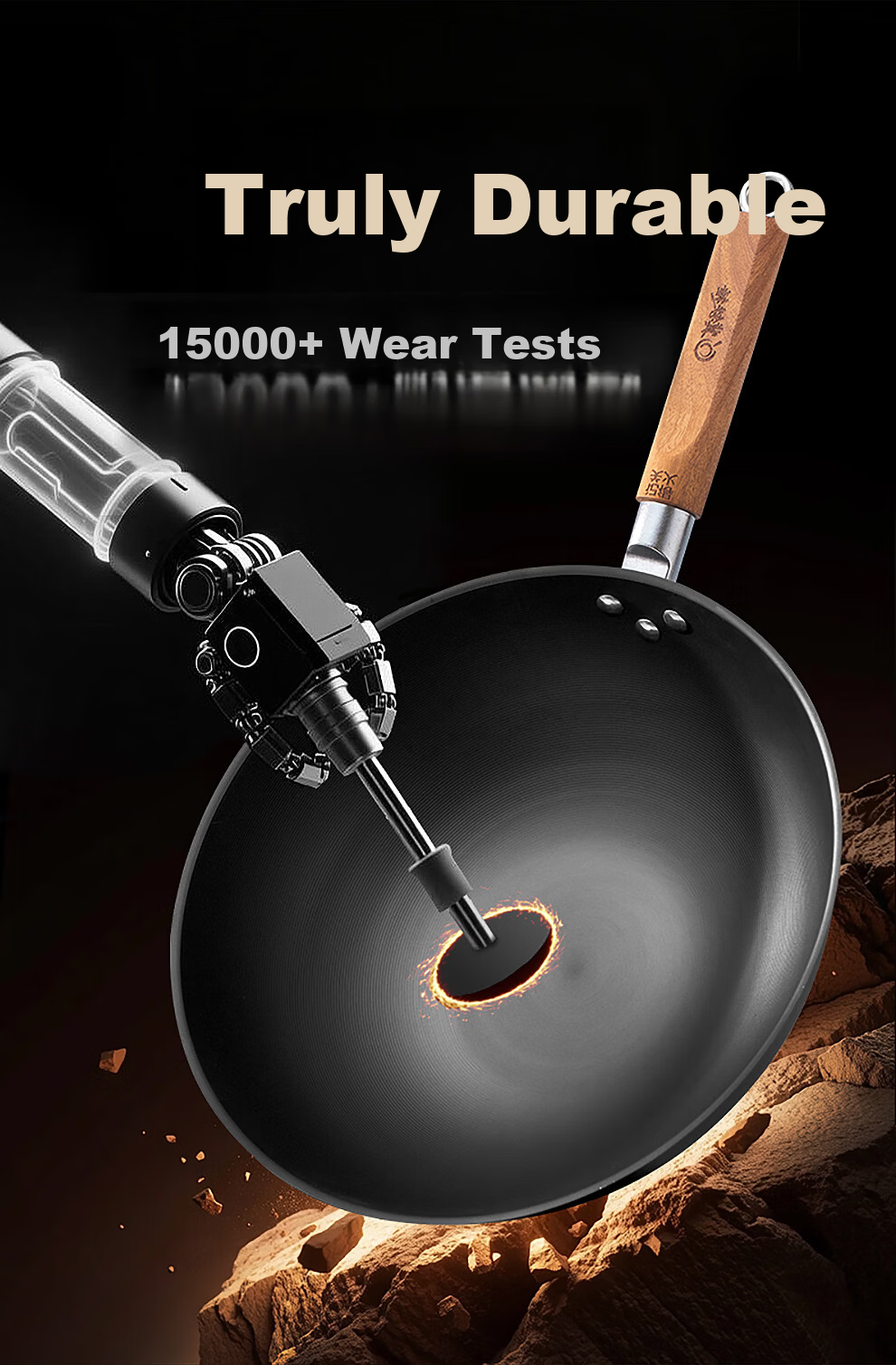 Ji Iron Hammer Cast Iron Wok Non-Stick Round Bottom 34cm Rust-Resistant Open Flame Cooking Pan 10