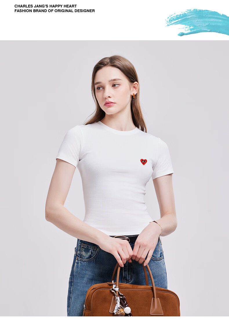 Charles Peach Heart [Wang Churan Same Style] Summer New Slim Fit Waist T-Shirt for Women Black XXF 9