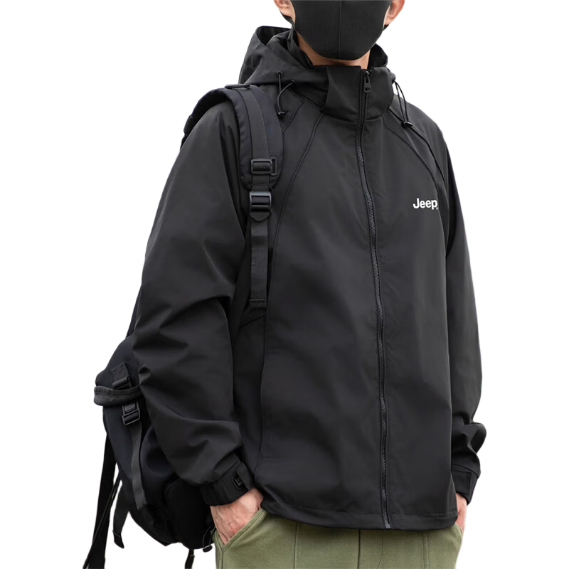 JEEP Men's Spring And Autumn Hooded Jacket, Loose-Fitting Trendy Workwear Casual Clothing for Men, Army Green, XL