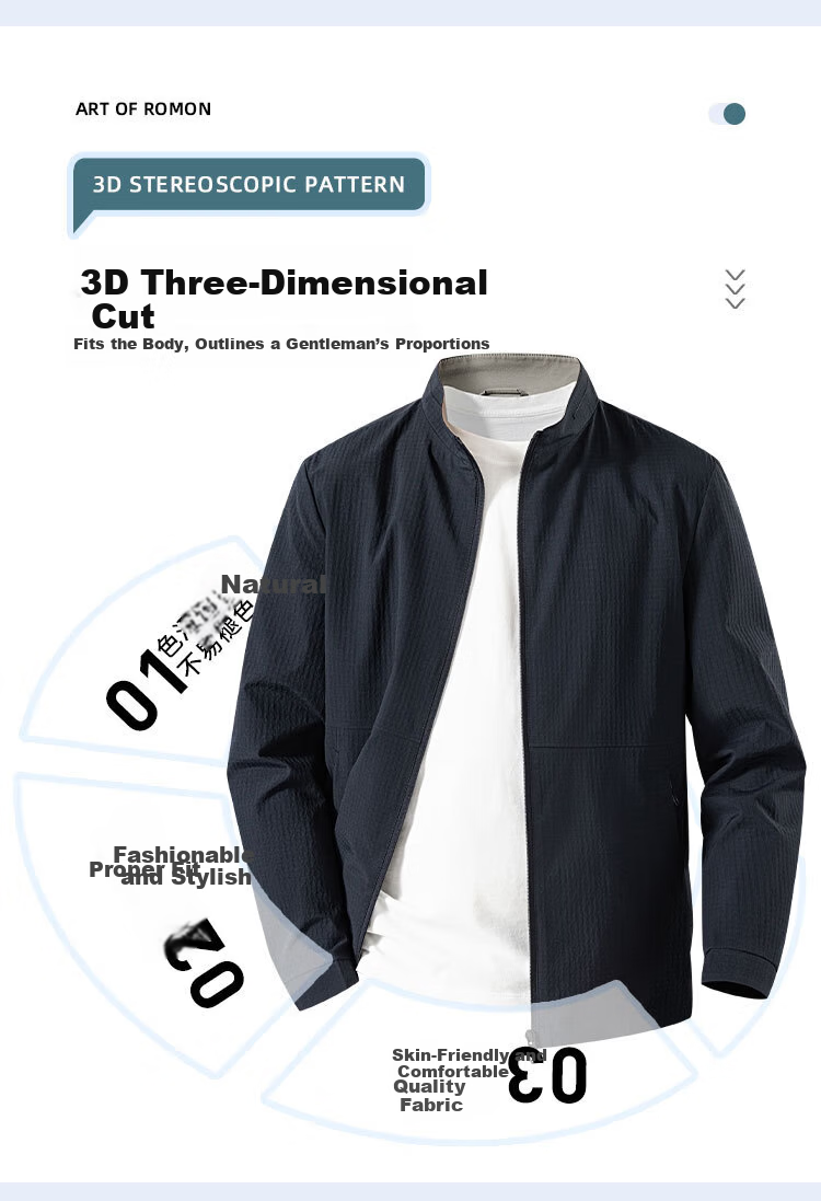 ROMON Men's Comfortable Business Jacket Casual Basic Versatile Stand Collar Outdoor Jacket 2