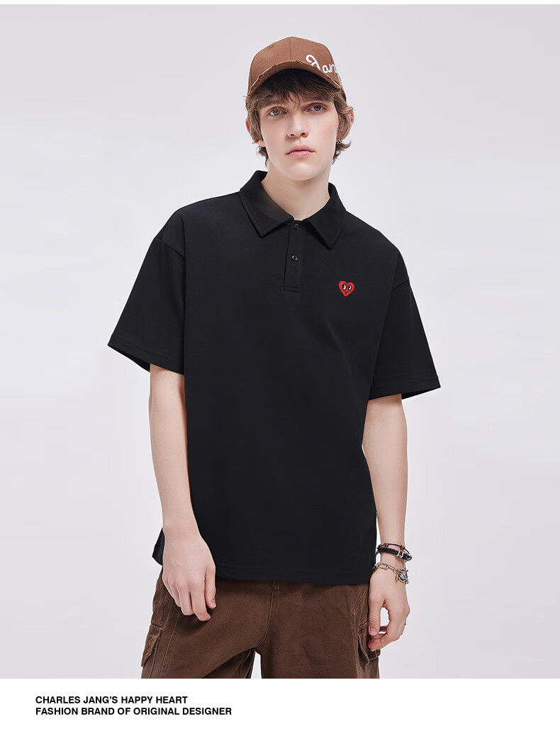 Charles Heart Summer Minimalist Campus Style Short Sleeve Polo Shirt Casual Unisex Black L 12