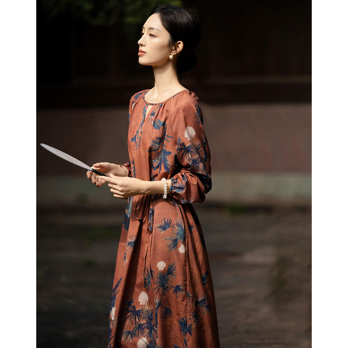 Demana Soft Mist Gloss Spring Romantic Elegant Crew Neck Printed Slit A-Line Petite Loose Women's Dress