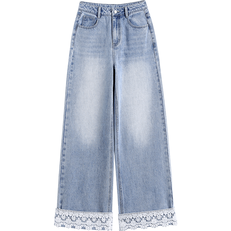Demana [Hidden Meat Expert] Spring Cloud Soft Cotton 3D Mid-High Waist Lace Trim Loose Petite Women's Jeans