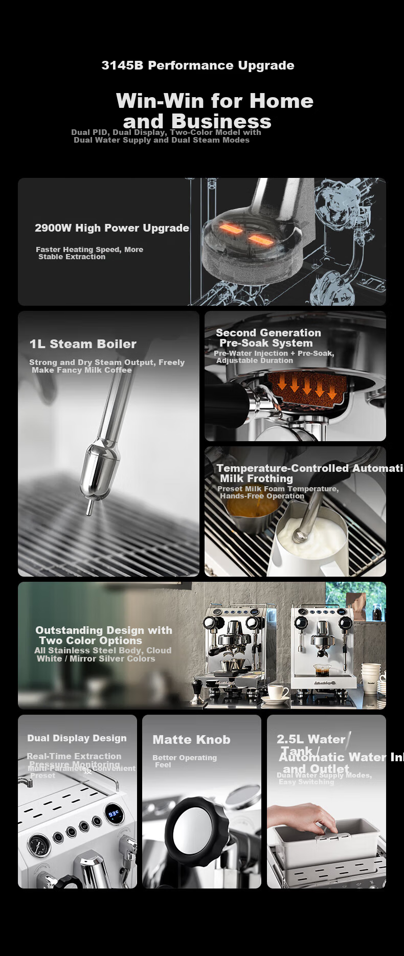GEMILAI Gemilai 38 Gifts Double Pupil G3145B Coffee Machine Home and Commercial Semi-Automatic Coffee Maker Small Appliance American Espresso 1L Steam Boiler 3