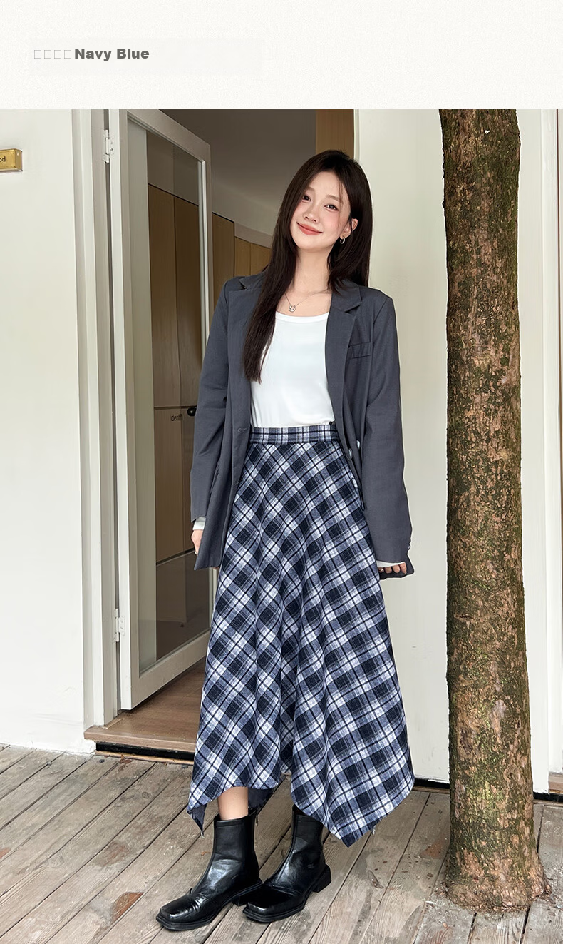 BOPRUIEY Vintage Plaid Irregular Women's Skirt 2025 New Autumn Winter A-Line Casual Mid-Length Skirt 22