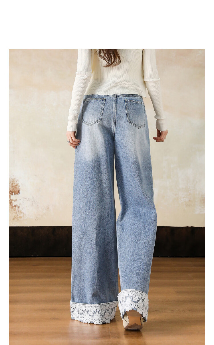 Demana [Hidden Meat Expert] Spring Cloud Soft Cotton 3D Mid-High Waist Lace Trim Loose Petite Women's Jeans 11