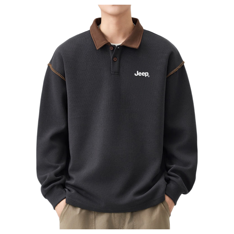 JEEP Men's Spring Autumn Polo Collar Loose Long Sleeve Base Shirt Dark Gray 3XL