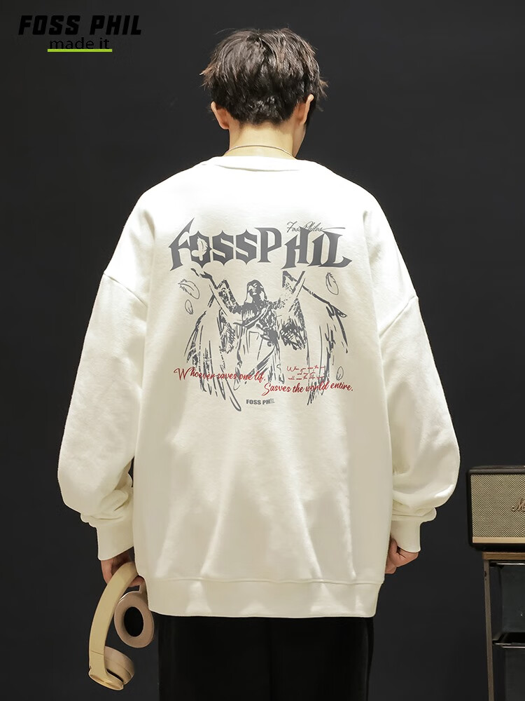 Foss Phil Men's Sweatshirt, Spring And Autumn Loose Fit, Printed Round Neck, Casual T-Shirt, Versatile Trendy Top, FPW4 Apricot Color, Size L 11