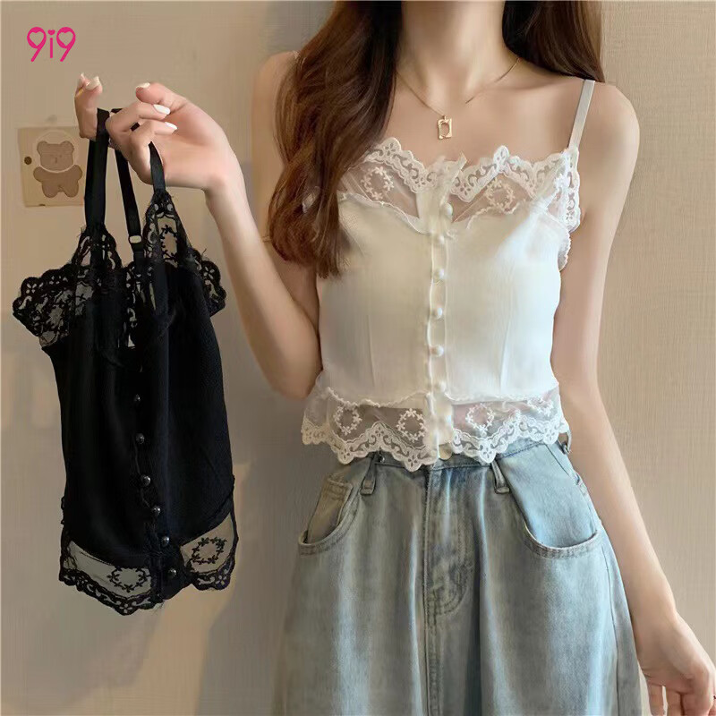 9i9 Solid Color Spicy Girl Sexy Slim Mesh Splicing High Waist Cropped Tank Top White S206