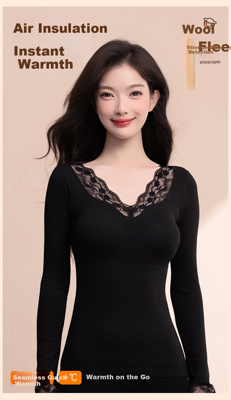 OEING Women's Thermal Underwear Lace V-Neck with Chest Pad Bra-Free Versatile Base Layer Autumn Warm Set 2