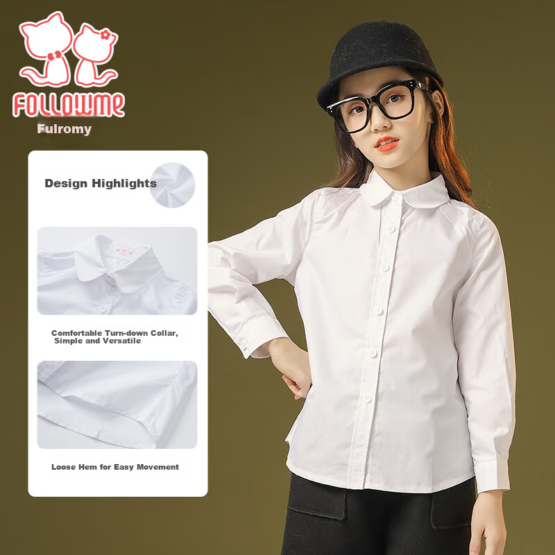 Fulomi Girls' Shirt Spring Autumn Fashion Versatile White Top School Performance Long Sleeve Shirt Large White 110