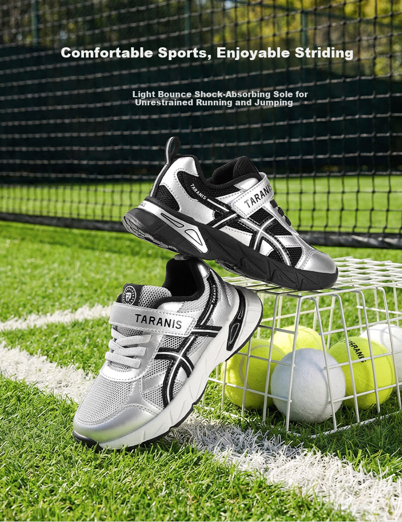 TARANIS 26 Spring New Kids Breathable Sports Running Shoes Soft Sole Boys Girls Dad Sneakers Black/Silver Size 28 2