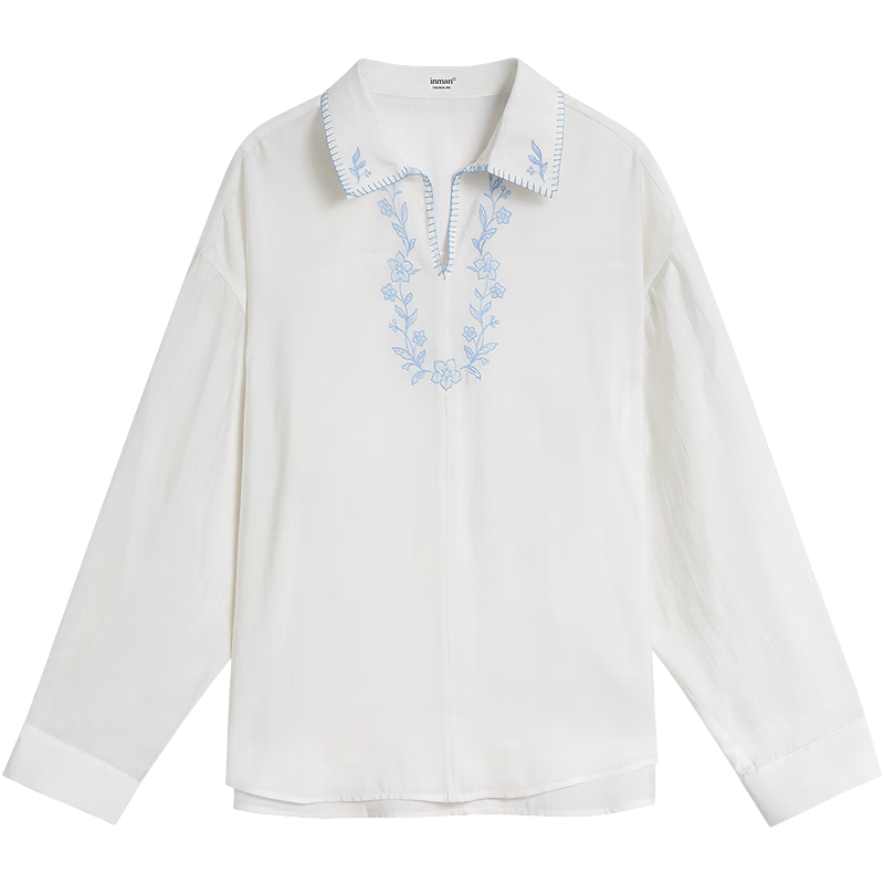 INMAN French Fresh Embroidered Lapel Long Sleeve Shirt 2026 Summer New V-Neck Drop Shoulder Top Frost White XL
