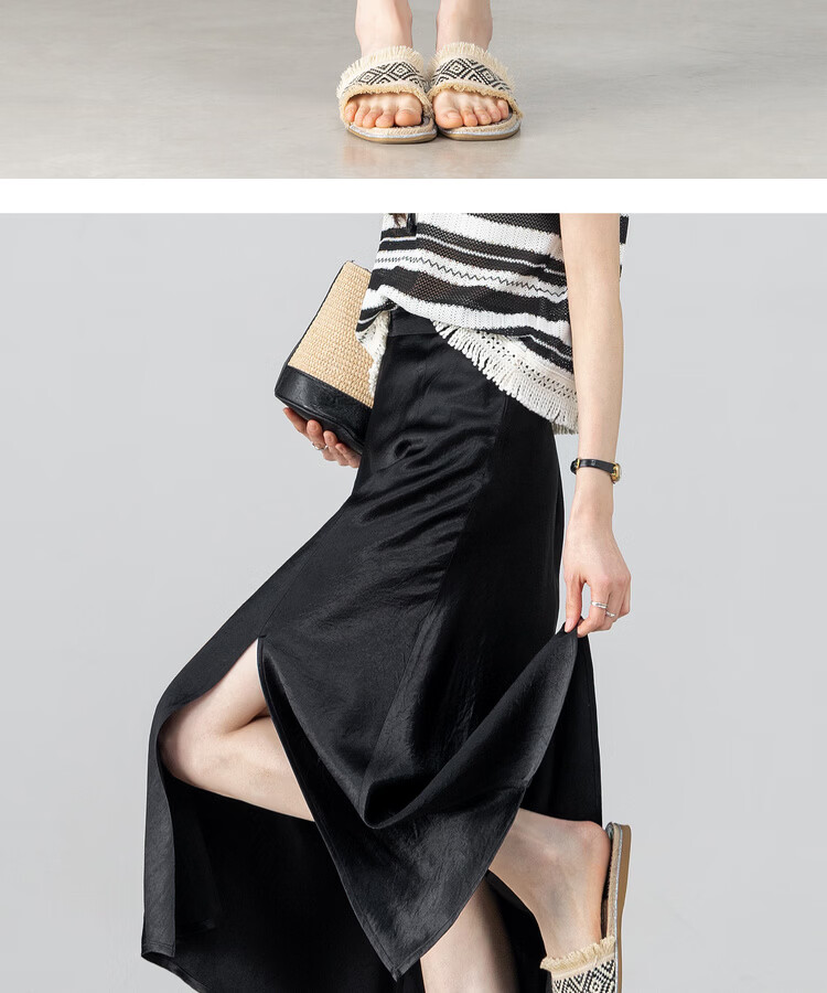 Shangdu Bira Pure Acetate Glossy A-Line Midi Skirt for Women Spring Summer Luxury Commuter Textured Satin Slit Slimming Skirt 15