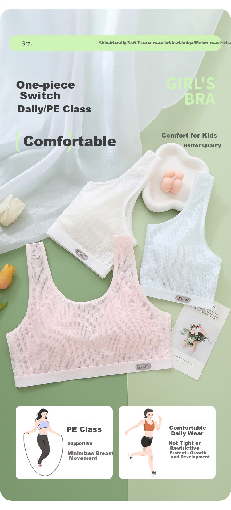 Yalu Girls' Developmental Underwear 10-Year-Old Thin Mesh Children's Bra Primary School Girls Stage 2 Vest 7
