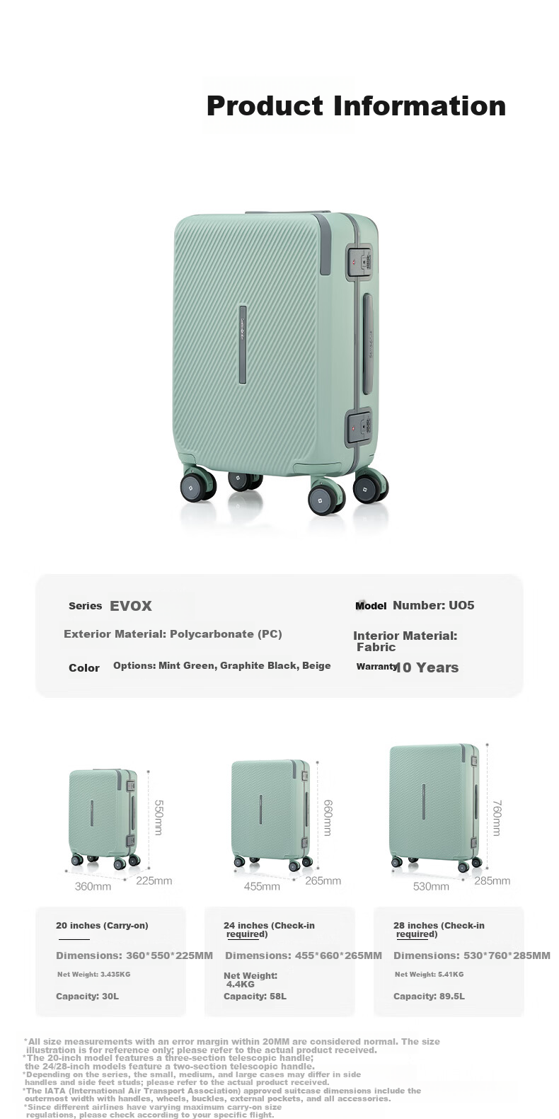 Samsonite 24-Inch Fashionable Large Capacity Business Travel Luggage UO5 Mint Green Checked Suitcase with Trolley and Password Lock 10