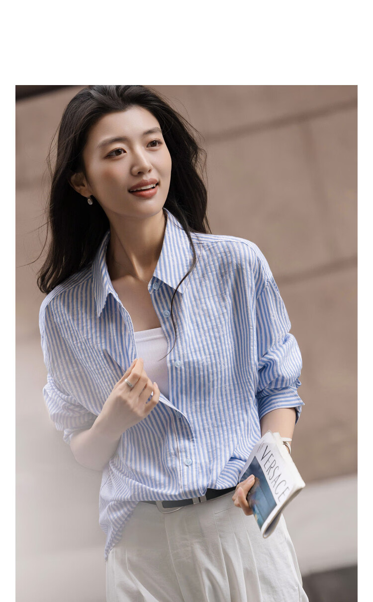 Demana [with Lyocell/Cotton] Spring Vintage Style Striped Jacquard Shirt Loose Fit Petite Women's Blouse 11