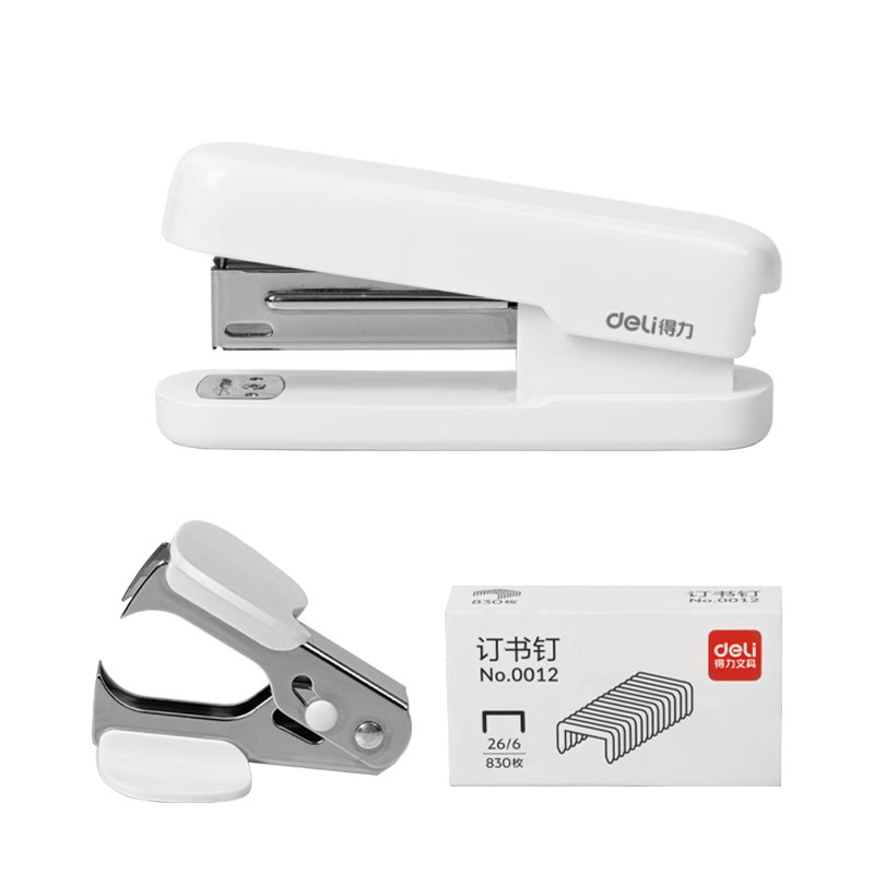 Deli [Student Stationery] Stapler 3-Piece Set, Staples, Macaron Color, Compatible with 24/6, Student Stationery, Study Materials Binding, Office Supplies, White TA359