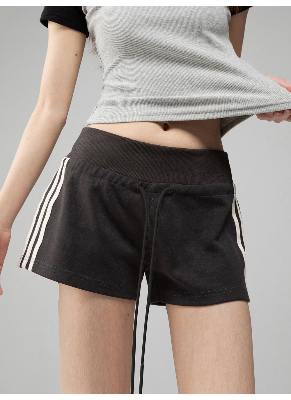 ICH MODE American Style Striped High Waist Shorts Women Summer Slim Straight Sports Sweatpants Casual Pants White Flower Gray L 5