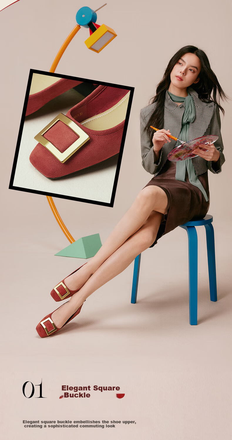 BASTO 26 Spring Simple Fashion Metal Buckle Chunky Heel Square Toe Women's Shoes B0016AQ6 Brown Red 37 7