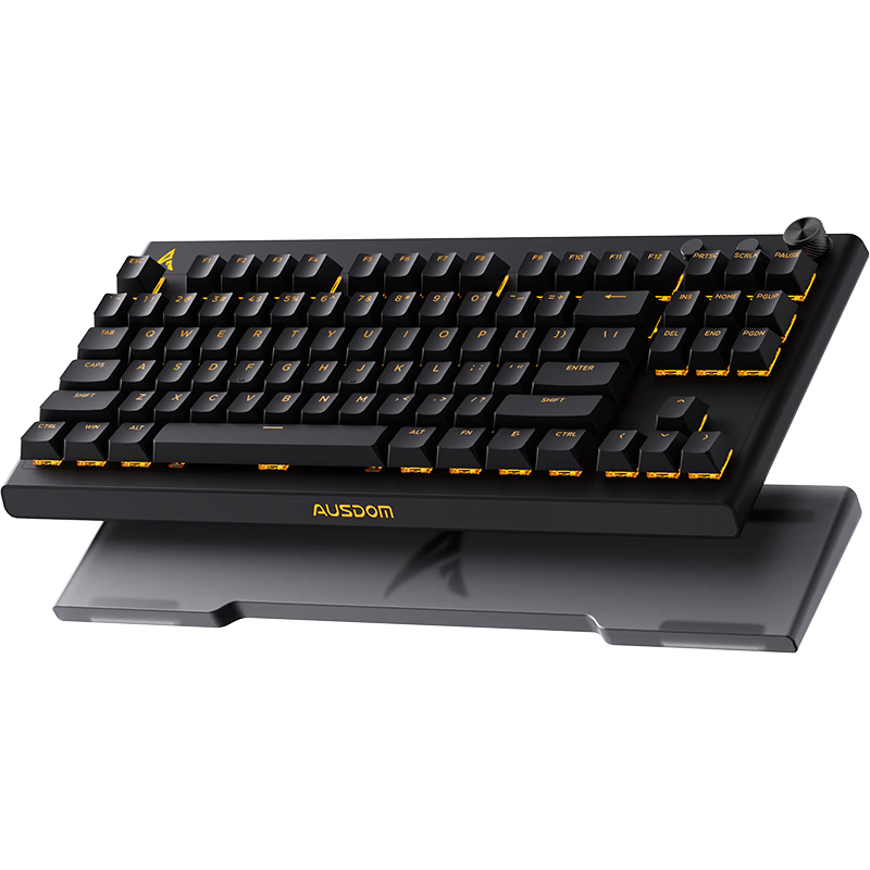 AUSDOM A87pro Wireless Mechanical Keyboard, Dual 8K Low Latency, Metal Knob, E-Sports Gaming, Three-Mode Semi-Aluminum Floating Structure, 87 Keys, TTC Gold-Touch Switches - Black with Hand Rest Included