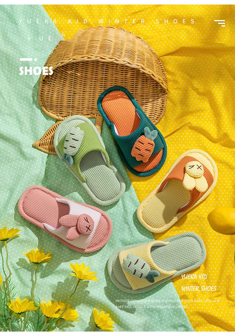 Ganmai Children's Linen Slippers Girls Summer Home Couple Cartoon Parent-Child Four Seasons Indoor Cool Slippers Yellow Size 28-29 1