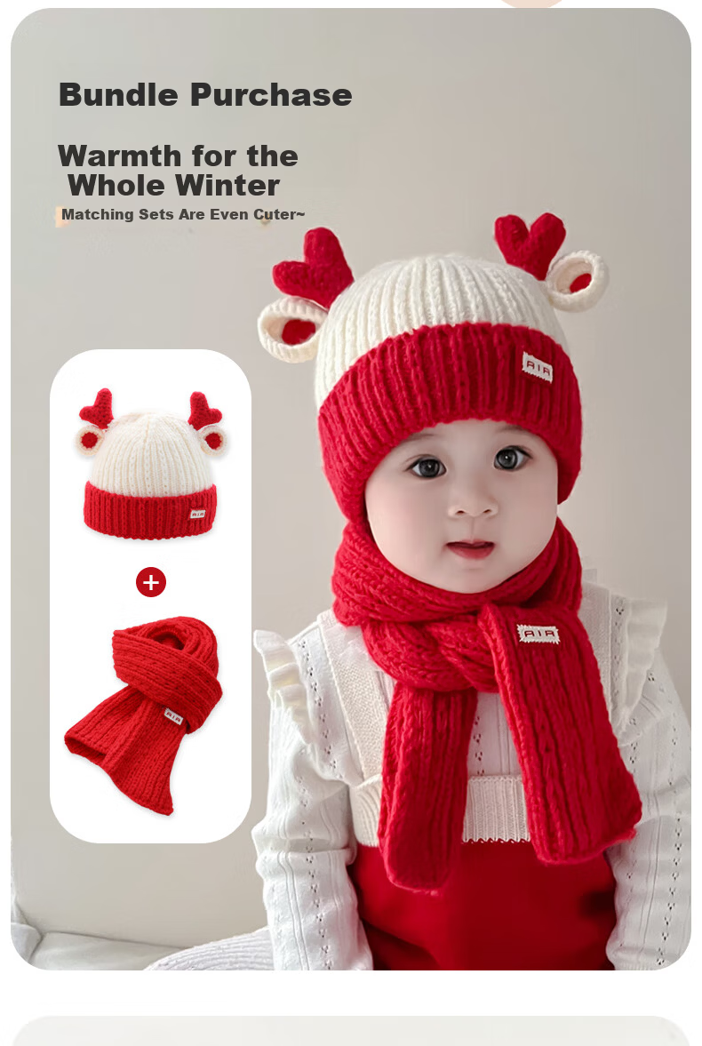 Benaxi Baby Hat Autumn Winter Children's Red Boys Girls Scarf Infant Cute Ear Protection Thickened Warm Knitted Hat 4