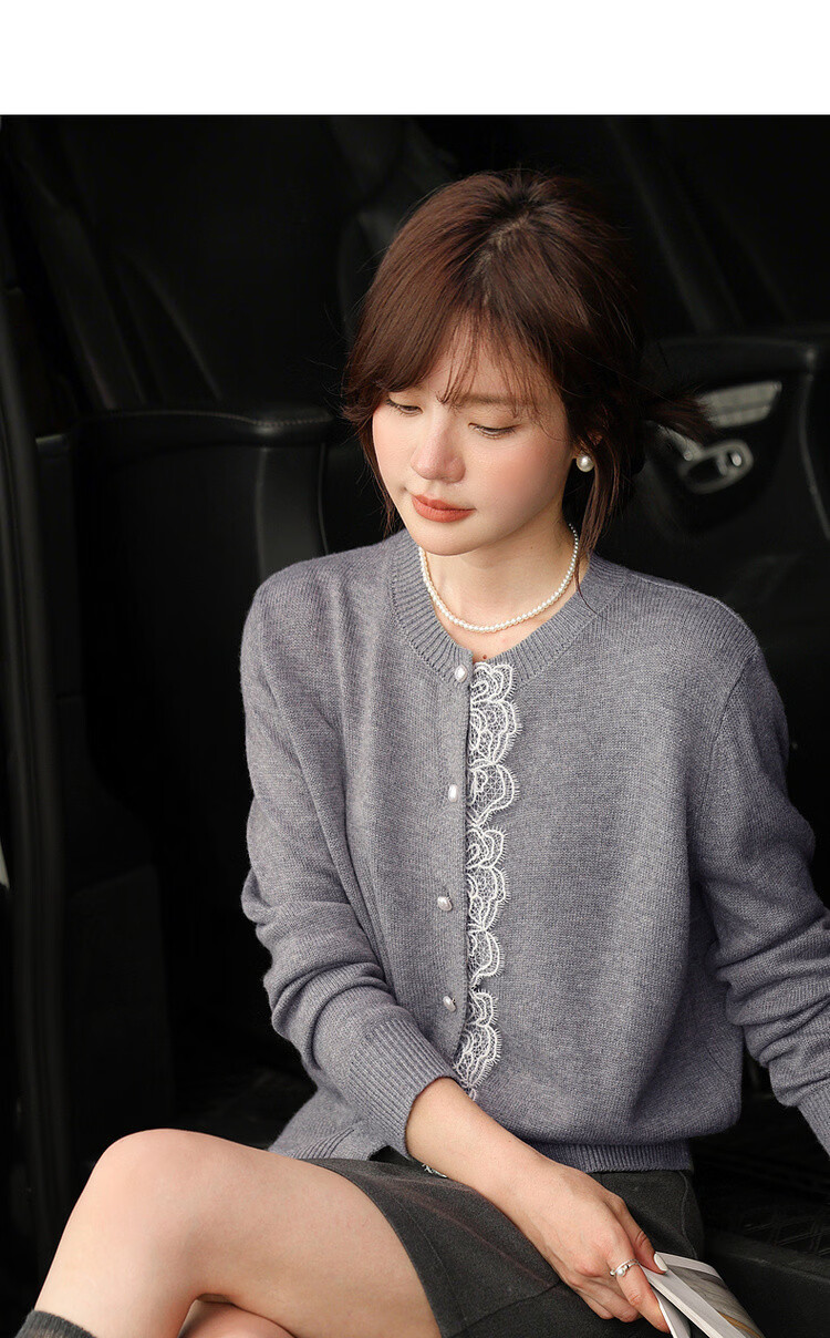 Mt Spring Gentle Style Lace Splice Cardigan Round Neck Petite Knitwear with Comfortable Warm Wool 5