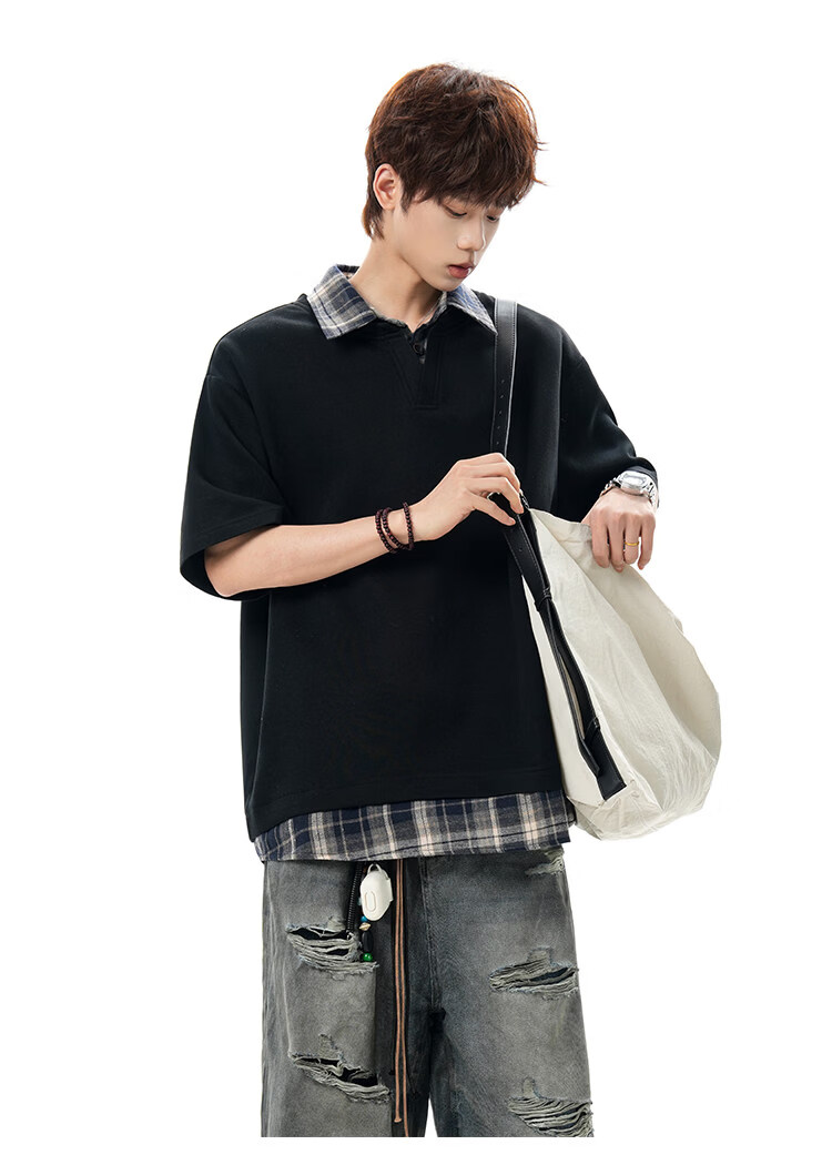 Foss Phil American Style Two-in-One Short Sleeve Polo Shirt Men Spring Summer Loose Casual T-Shirt DT6242 Black 3XL 19