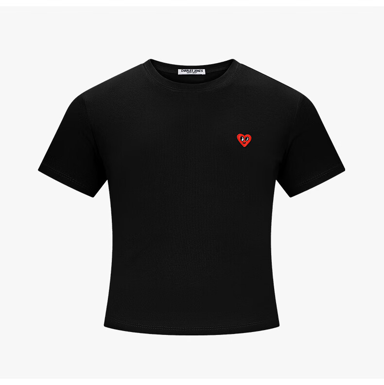 Charles Peach Heart [Wang Churan Same Style] Summer New Slim Fit Waist T-Shirt for Women Black XXF 11