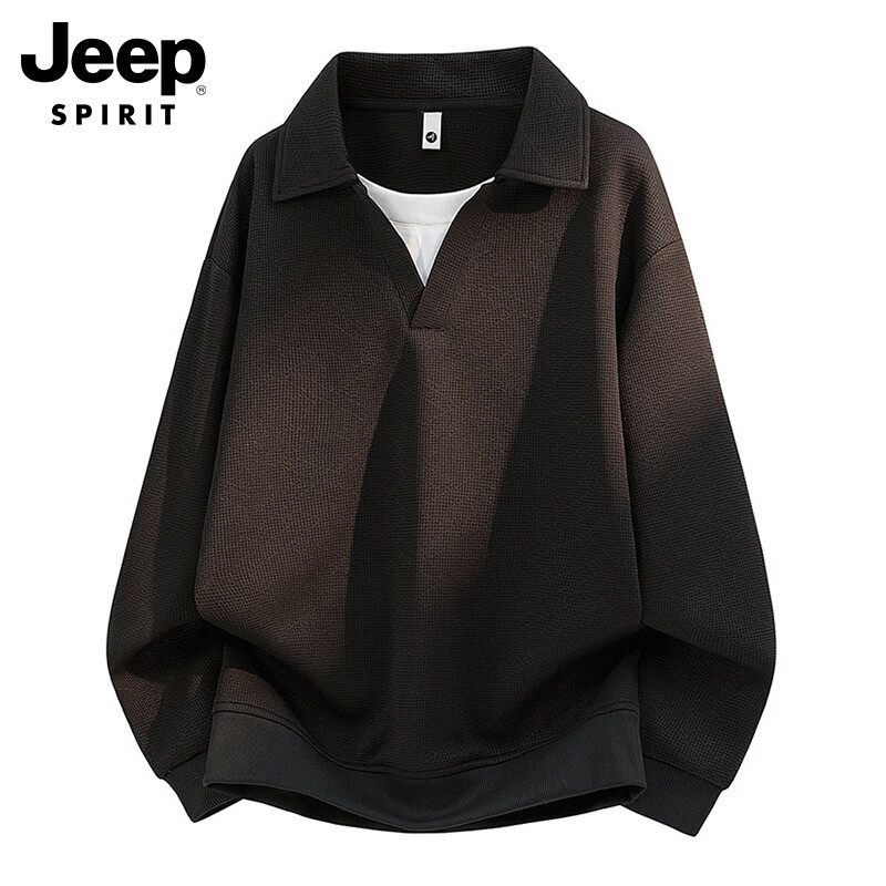 JEEP SPIRIT Men's Heavyweight Waffle Knit Sweatshirt Casual Spring Fake Two-Piece Long Sleeve T-Shirt Black M